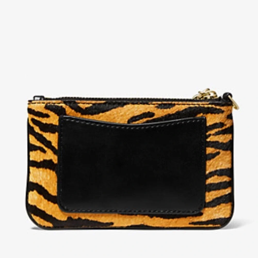 NWT Michael Kors Parker Small Tiger Print Calf Hair Zip Card Case